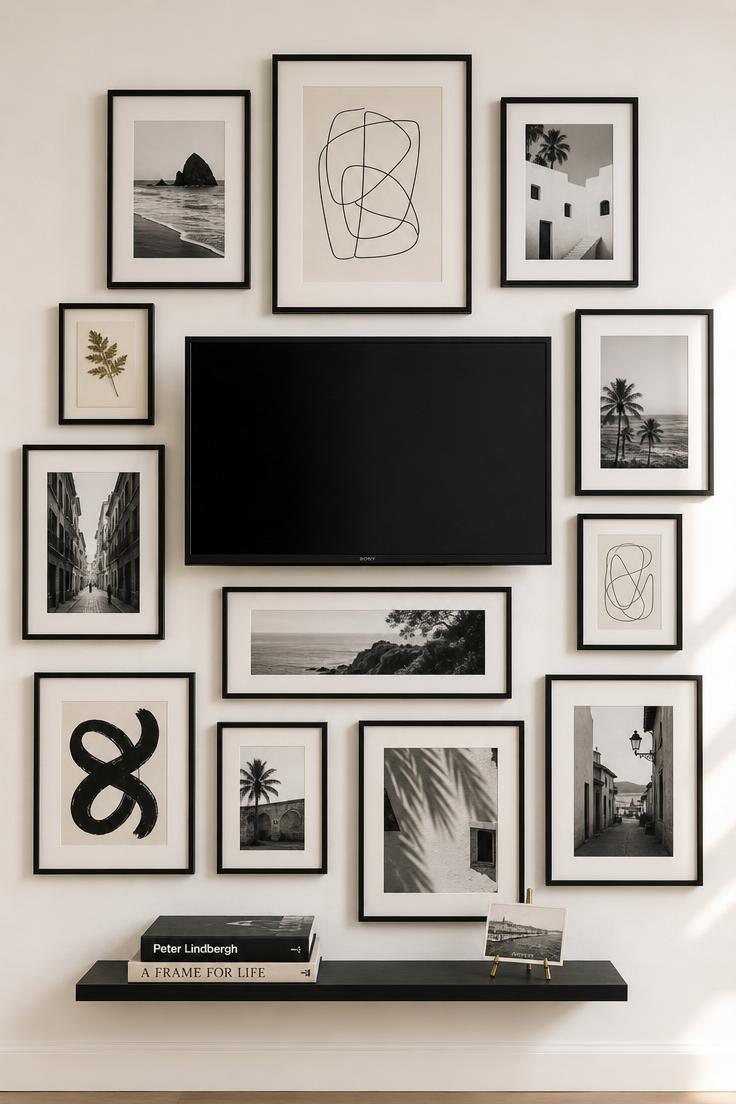 17 Fresh TV Wall Decor Ideas That Make the Screen Blend 9 Gallery grid of black metal frames in varying sizes surrounding a wall-mounted TV with art and photography