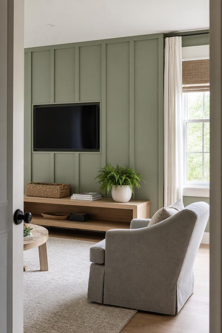 17 Fresh TV Wall Decor Ideas That Make the Screen Blend 10 Sage green board-and-batten millwork wall with recessed TV panel and white oak console in morning light