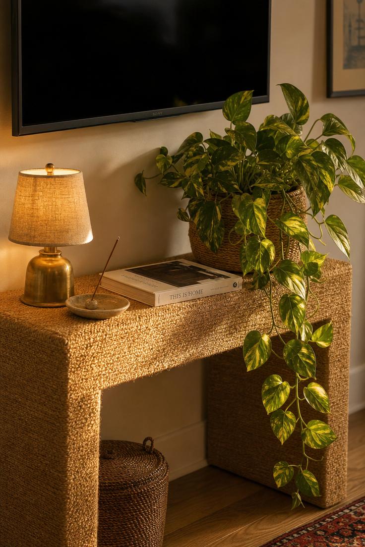 17 Fresh TV Wall Decor Ideas That Make the Screen Blend 11 Jute-wrapped console table with trailing golden pothos below a wall-mounted TV in warm golden light