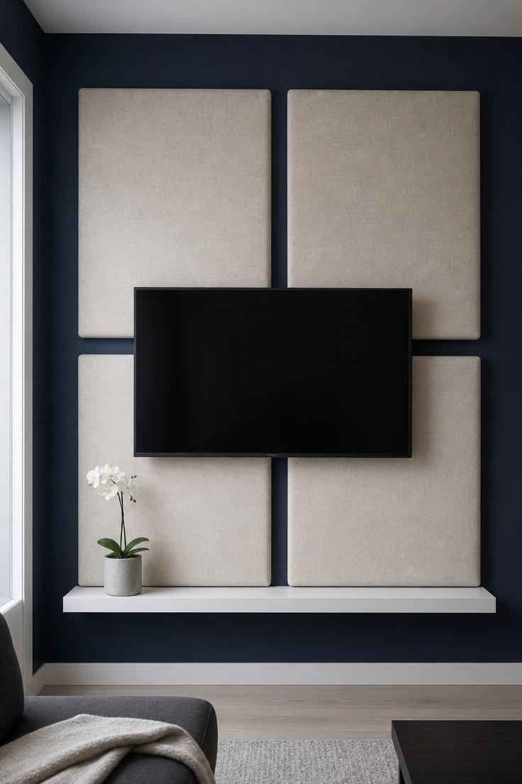 17 Fresh TV Wall Decor Ideas That Make the Screen Blend 12 Oatmeal linen acoustic panels arranged around a TV on a navy wall with a white orchid below