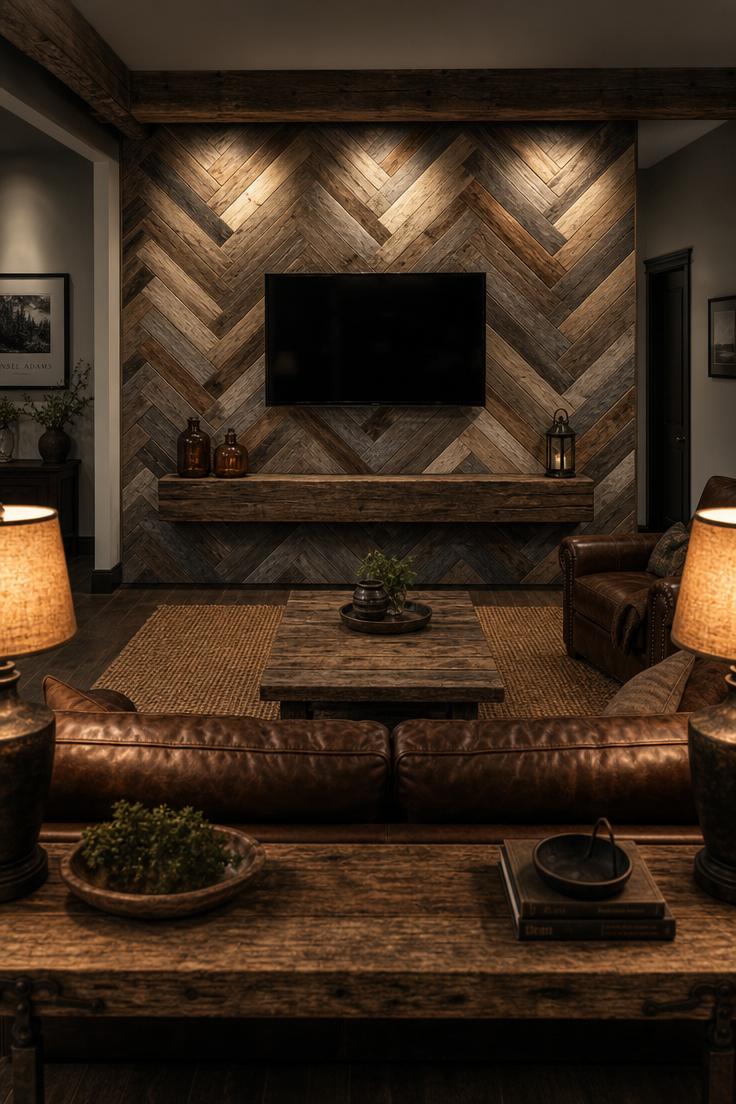 17 Fresh TV Wall Decor Ideas That Make the Screen Blend 13 Reclaimed barn wood herringbone wall with mounted TV and rustic wood beam shelf in moody low light