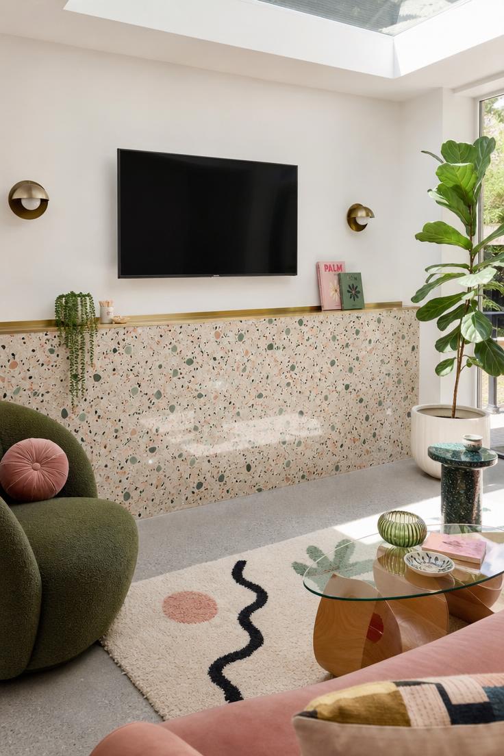 17 Fresh TV Wall Decor Ideas That Make the Screen Blend 14 Terrazzo half-wall with blush and sage chips below a mounted TV on a white upper wall in bright midday light