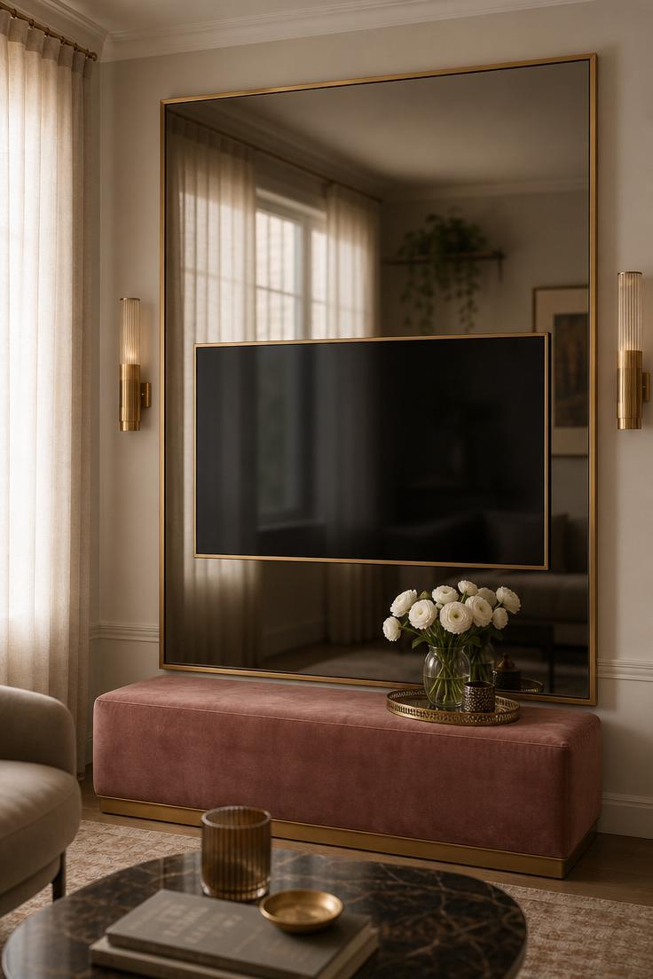 17 Fresh TV Wall Decor Ideas That Make the Screen Blend 15 Smoked mirror panel with brass trim framing a mounted TV reflecting soft window light in an elegant room