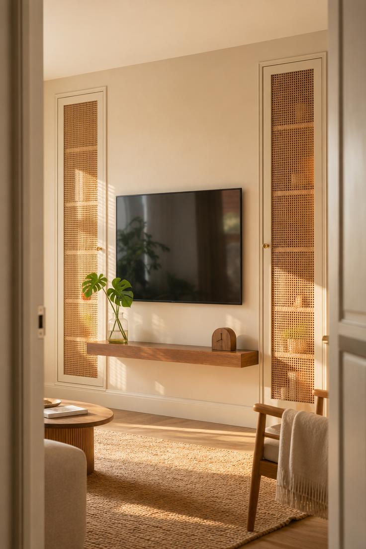 17 Fresh TV Wall Decor Ideas That Make the Screen Blend 16 Cream cabinets with cane webbing inserts flanking a mounted TV with golden afternoon light casting woven shadows