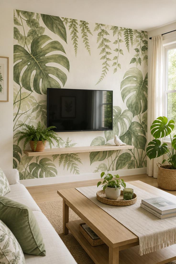 17 Fresh TV Wall Decor Ideas That Make the Screen Blend 17 Hand-painted botanical mural with monstera and fern motifs behind a TV and birch floating shelf in morning light