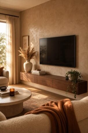 A warm and inviting living room with a Venetian plaster TV wall, walnut console, and golden af