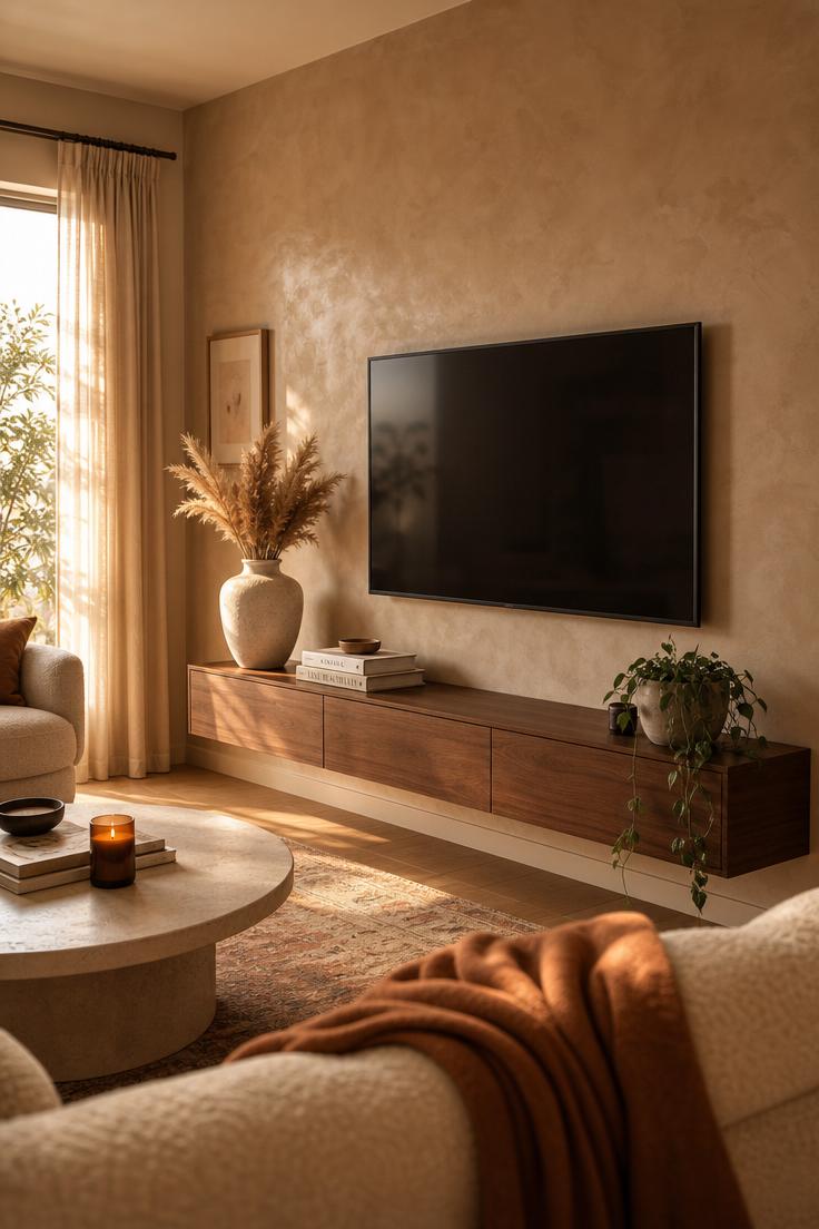 A warm and inviting living room with a Venetian plaster TV wall, walnut console, and golden af