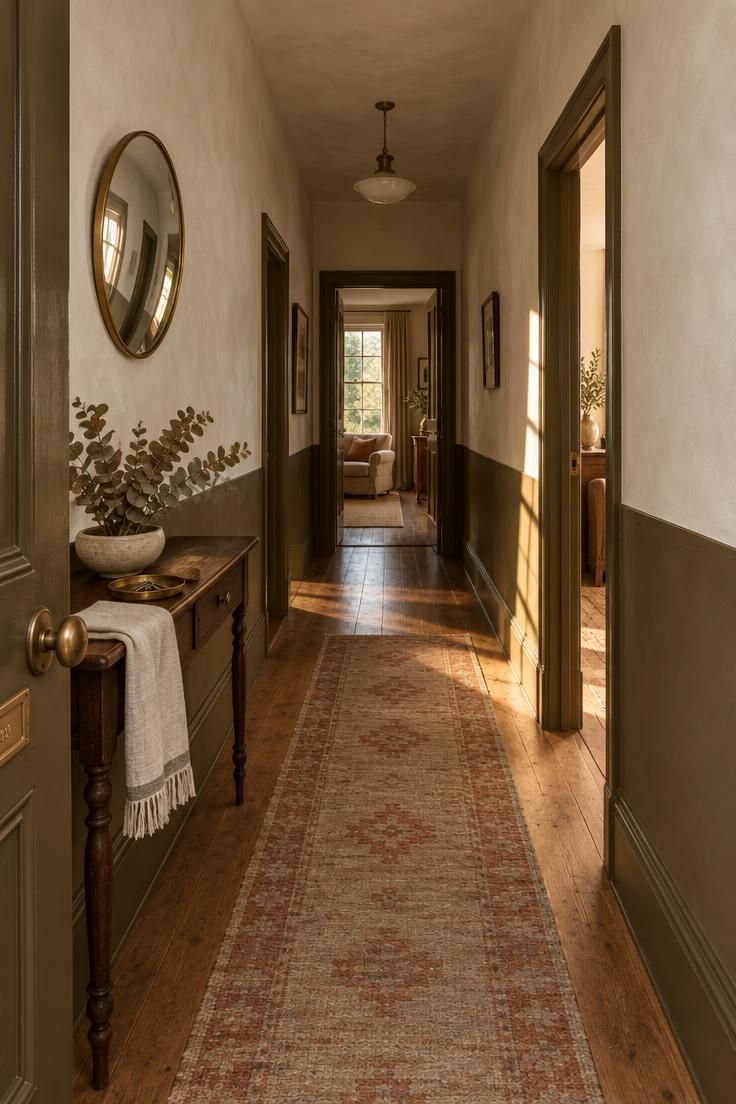 11 Warm Two Tone Hallway Ideas for Small Entryways 1 Narrow entryway with deep olive-brown lower walls and matching woodwork beneath a chalky cream upper wall, warm side light, wool runner, and slim walnut console.