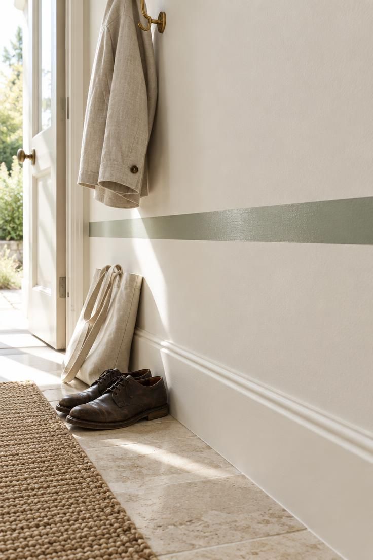11 Warm Two Tone Hallway Ideas for Small Entryways 3 Close detail of a narrow muted sage painted band running between two warm-white wall fields at skirting height, with raking midday light, jute runner, and leather shoes.
