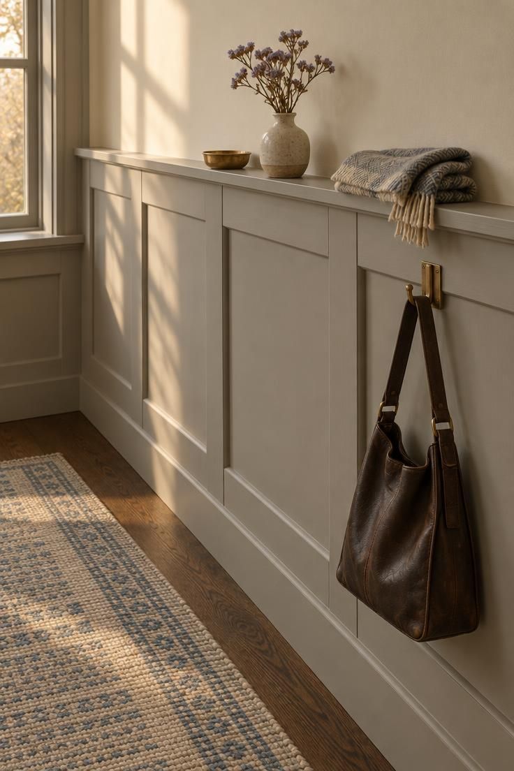 11 Warm Two Tone Hallway Ideas for Small Entryways 5 Entryway with stone-grey applied shaker paneling on the lower wall below a warm off-white upper field, grazed by golden side light, with a wool runner and ledge props.