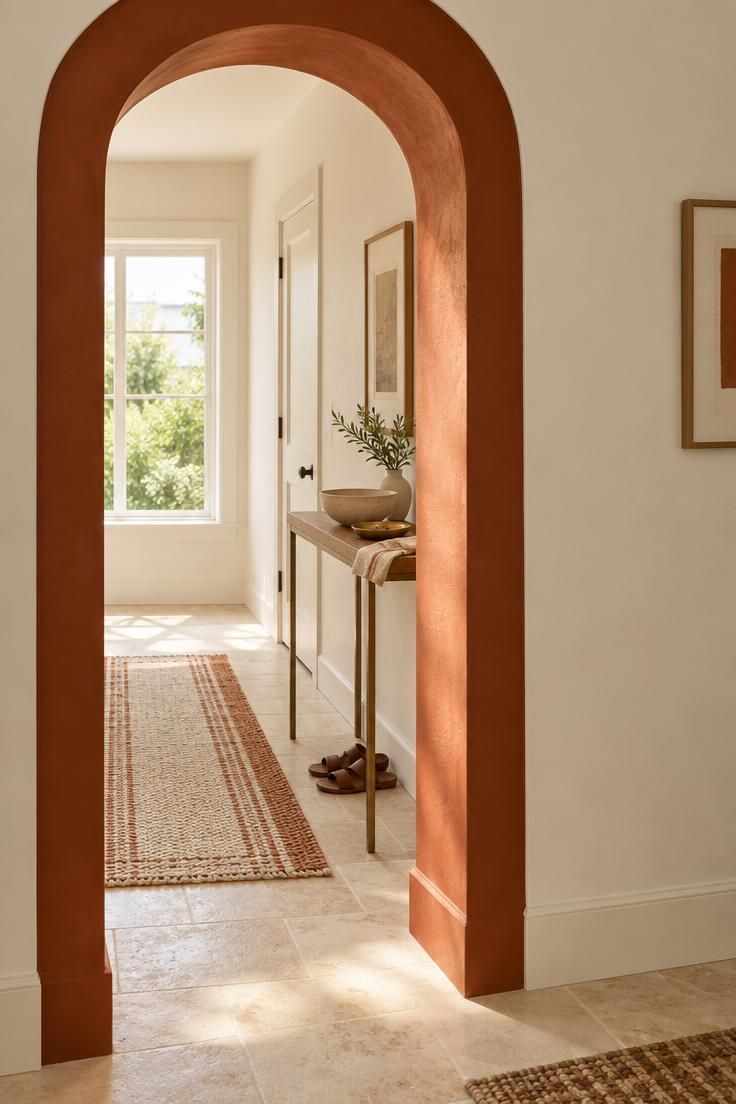 11 Warm Two Tone Hallway Ideas for Small Entryways 7 Rounded arch reveal painted deep terracotta against warm off-white walls, lit by midday light from a far window, with limestone floor and a cream and rust runner.