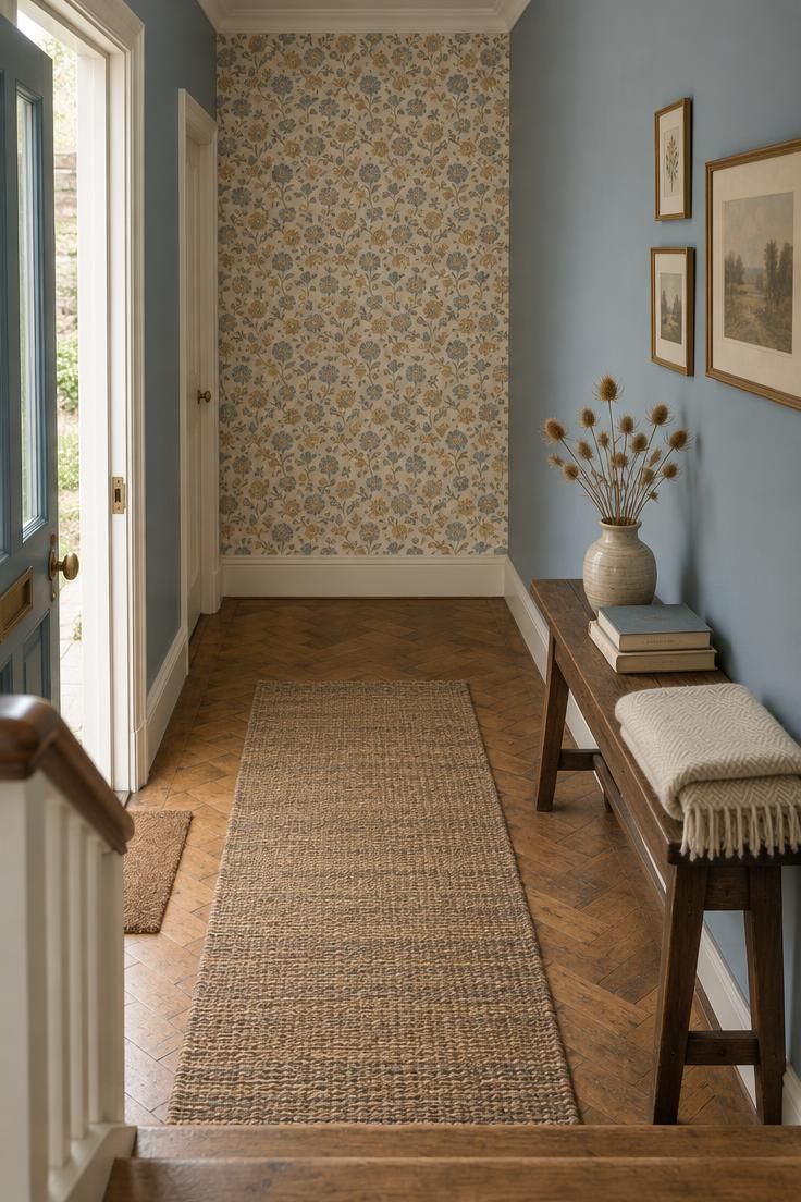11 Warm Two Tone Hallway Ideas for Small Entryways 8 Entryway with a small ochre and blue floral wallpaper on the end section beside a matte muted blue painted wall, diffused daylight, parquet floor, and a dark wood bench.