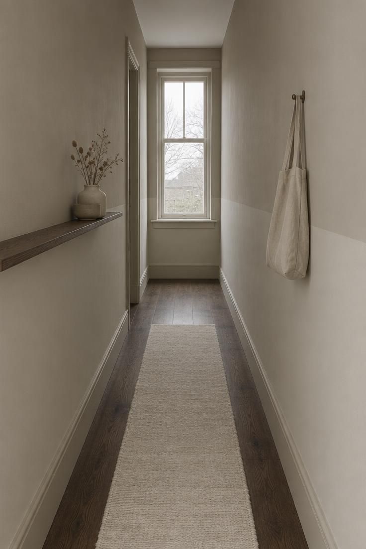 11 Warm Two Tone Hallway Ideas for Small Entryways 9 Very narrow hallway with soft mushroom upper walls above a paler oatmeal lower field, cool overcast light from a far window, dark oak floors, and an undyed wool runner.