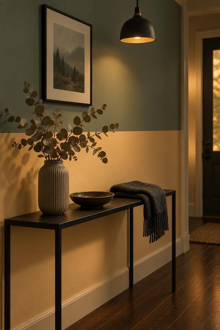 11 Warm Two Tone Hallway Ideas for Small Entryways 10 Entryway vignette with a warm apricot-cream lower wall meeting a cool eucalyptus-green upper field, low evening light, dark walnut floor, and a black metal console.