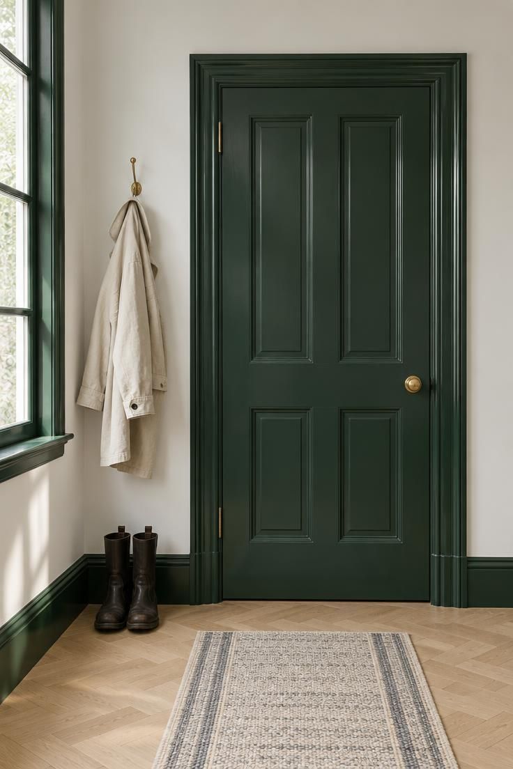11 Warm Two Tone Hallway Ideas for Small Entryways 11 Entryway door, architrave, and skirting all in deep glossy forest green against bare stone-white walls, with satin highlights from angled morning light and an oak parquet floor.