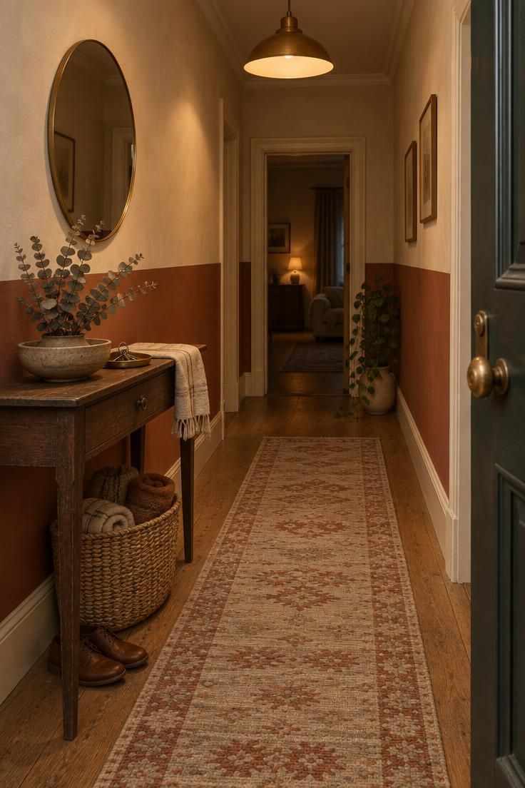 Simple Spaces 17 Small entryway at dusk with a deep muted terracotta lower band and warm cream upper walls, warm pendant light, wool runner, dark wood console with dried eucalyptus, and a brass-framed round mirror.