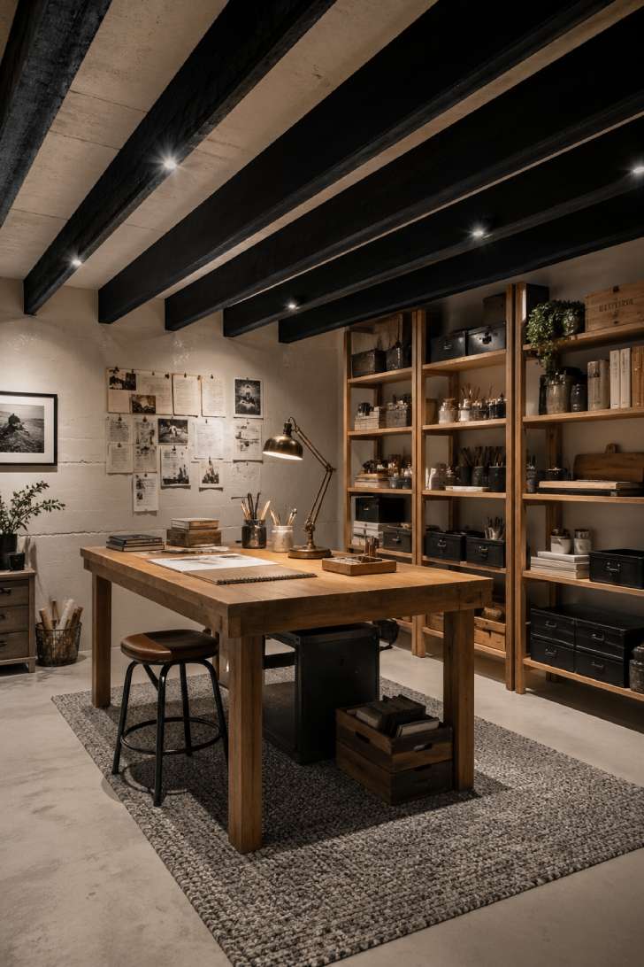 A focused basement workshop with black-painted exposed joists, warm task lighting, and organized work surfaces.
