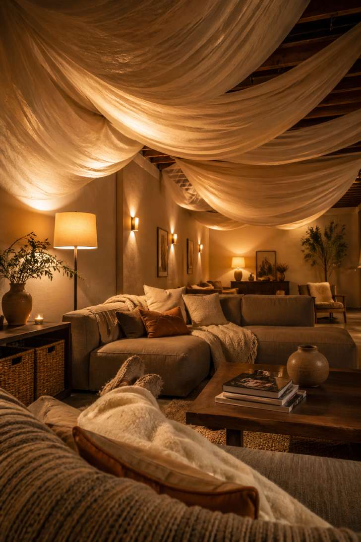 A spa-like basement retreat with draped cream fabric ceiling panels, soft layered lighting, and comfortable seating.