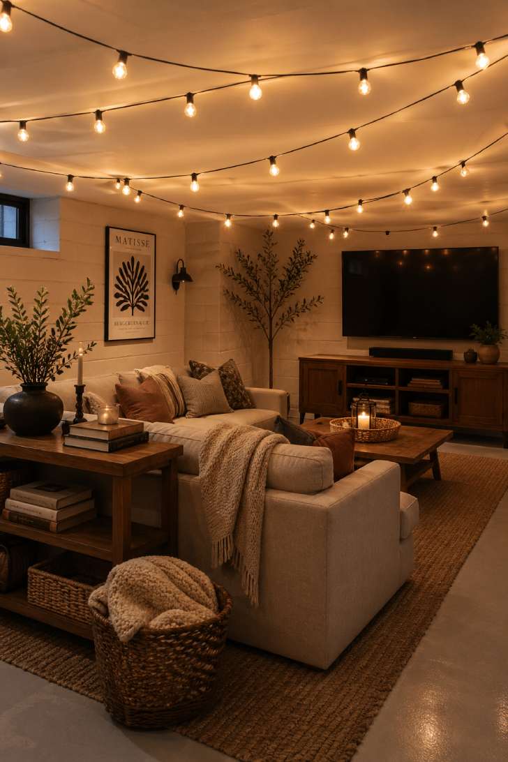 An inviting basement entertainment zone with draped cafe lights, comfortable seating, and warm ambient glow.