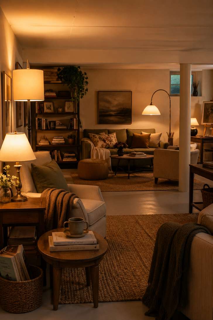 A sophisticated basement library with strategically placed warm lamps, layered seating zones, and collected decor.