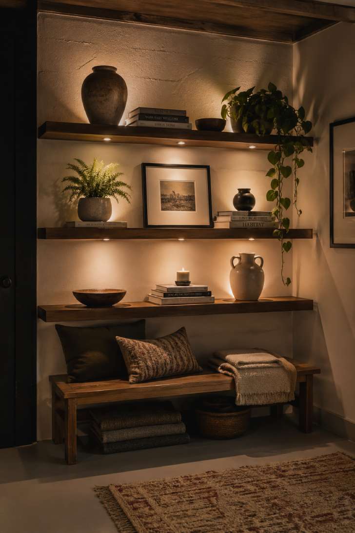 A curated basement display wall with puck light accents illuminating shelves, artwork, and collected objects.