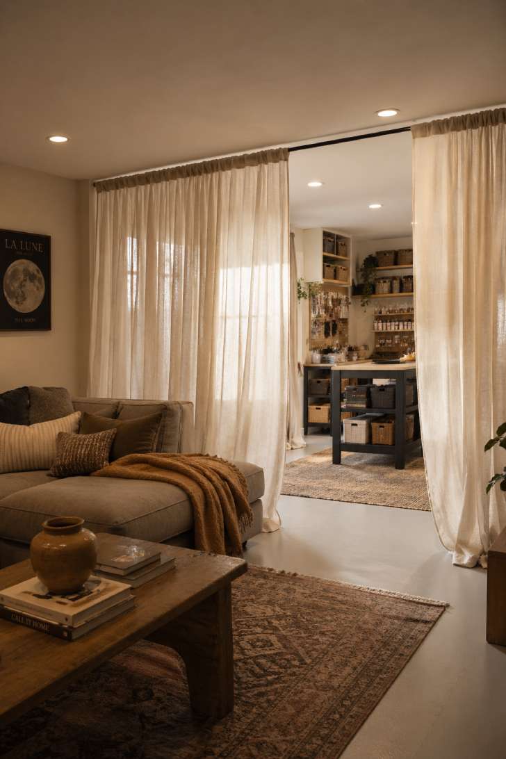 A basement with semi-sheer linen curtains defining separate zones while maintaining openness and flexibility.