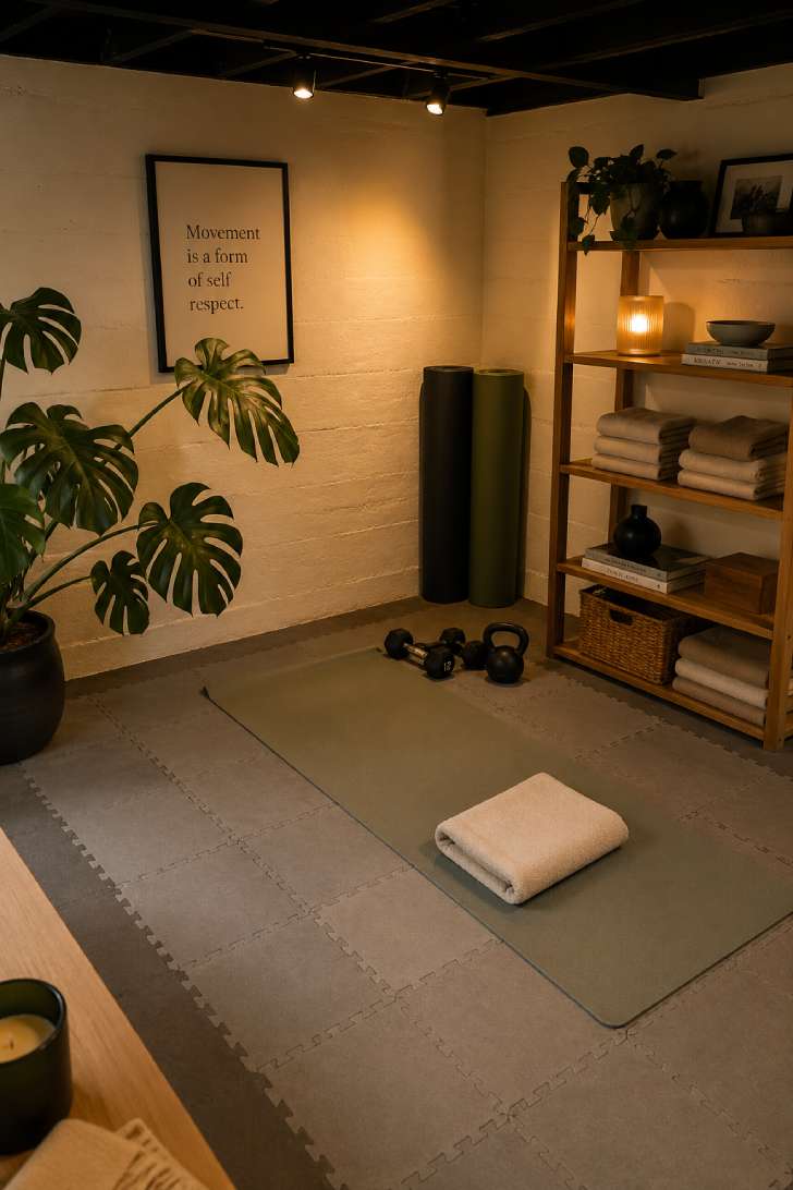 Interlocking gray foam mats defining a serene home gym corner with plants, warm lighting, and open shelving.