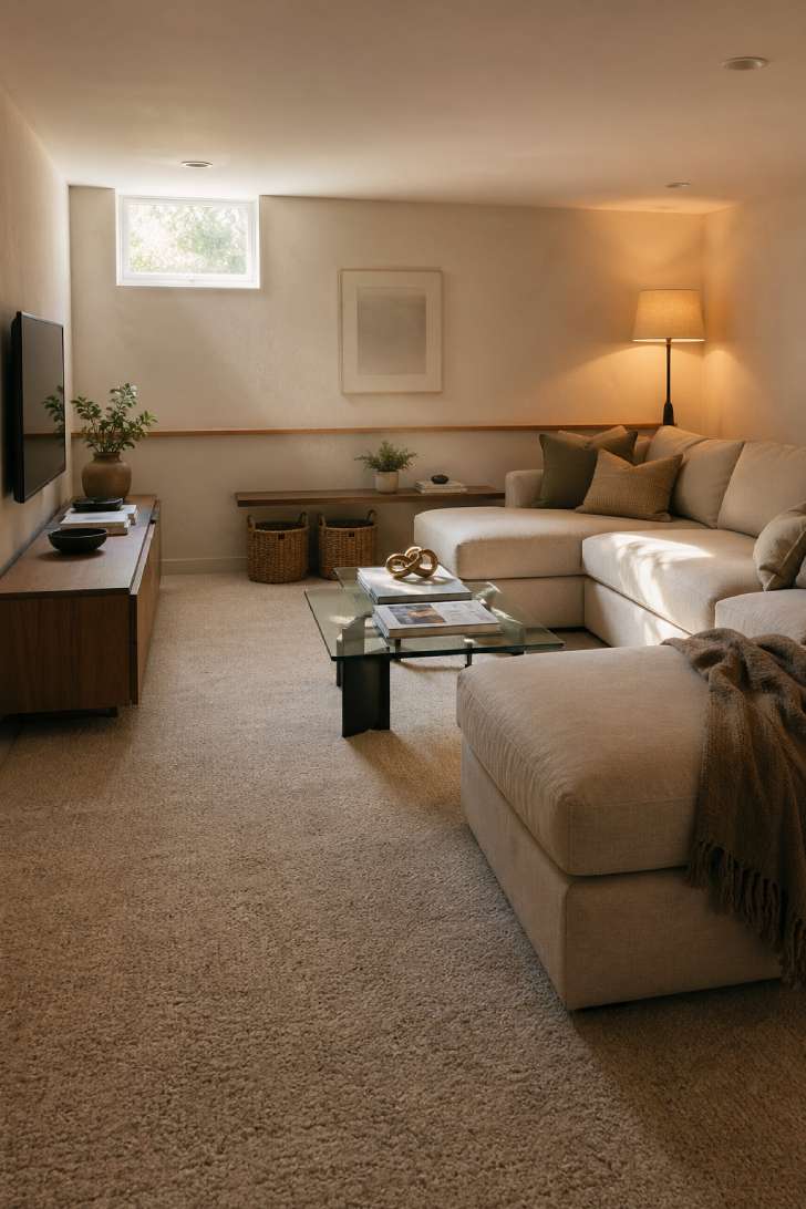A welcoming basement room anchored by a neutral carpet remnant, warm lighting, and casual living furniture.