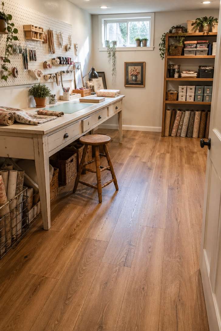 A functional basement craft area with honey-toned vinyl plank flooring, natural work surfaces, and organized storage.