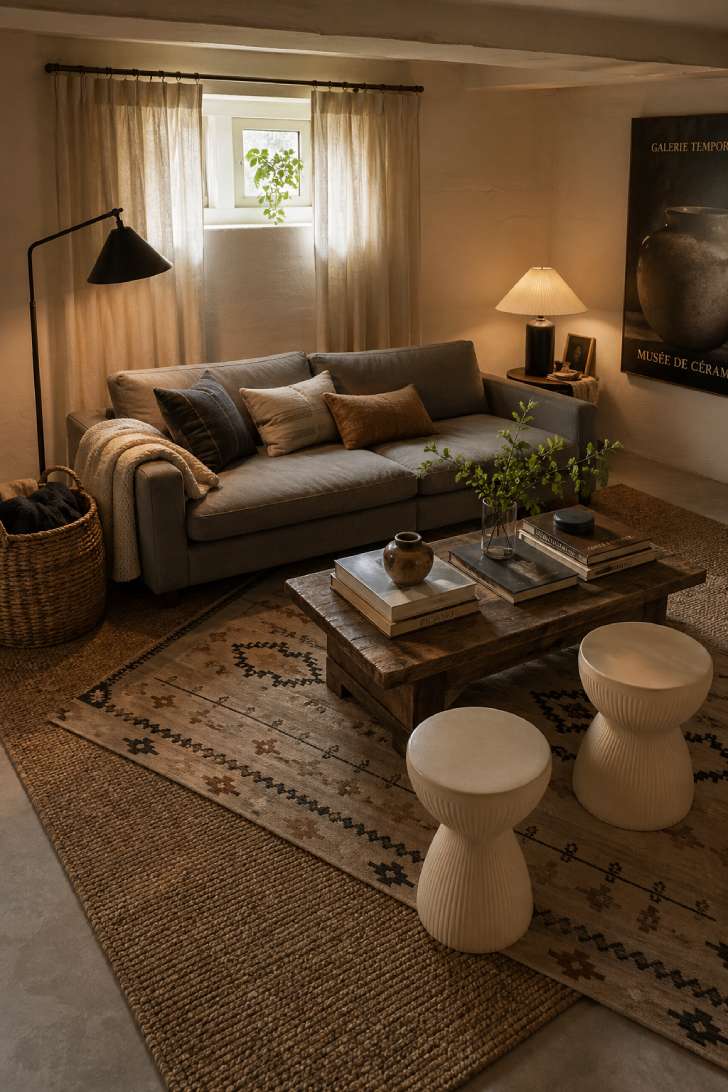 Overlapping neutral and patterned area rugs defining a sophisticated basement lounge with layered lighting and curated seating.