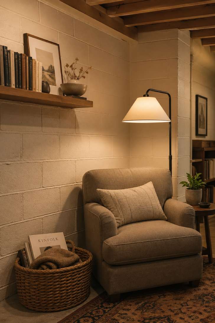 A peaceful reading nook with painted cream concrete walls, warm layered lighting, and simple wooden storage.