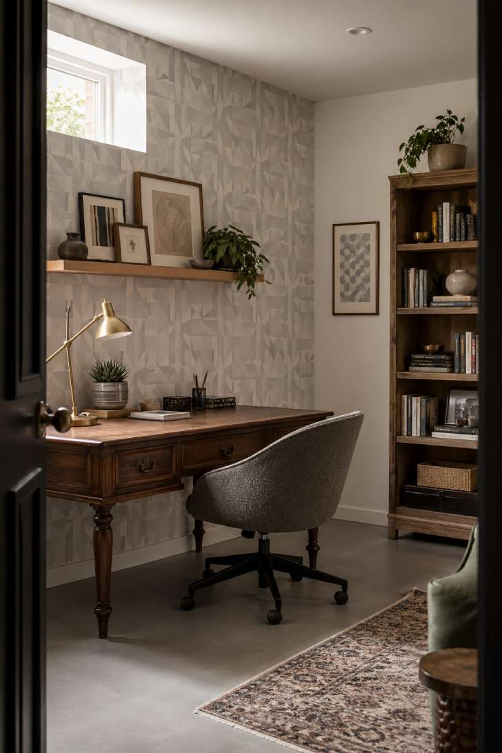A sophisticated basement office with patterned peel-and-stick wallpaper accent wall, desk setup, and natural wood storage.