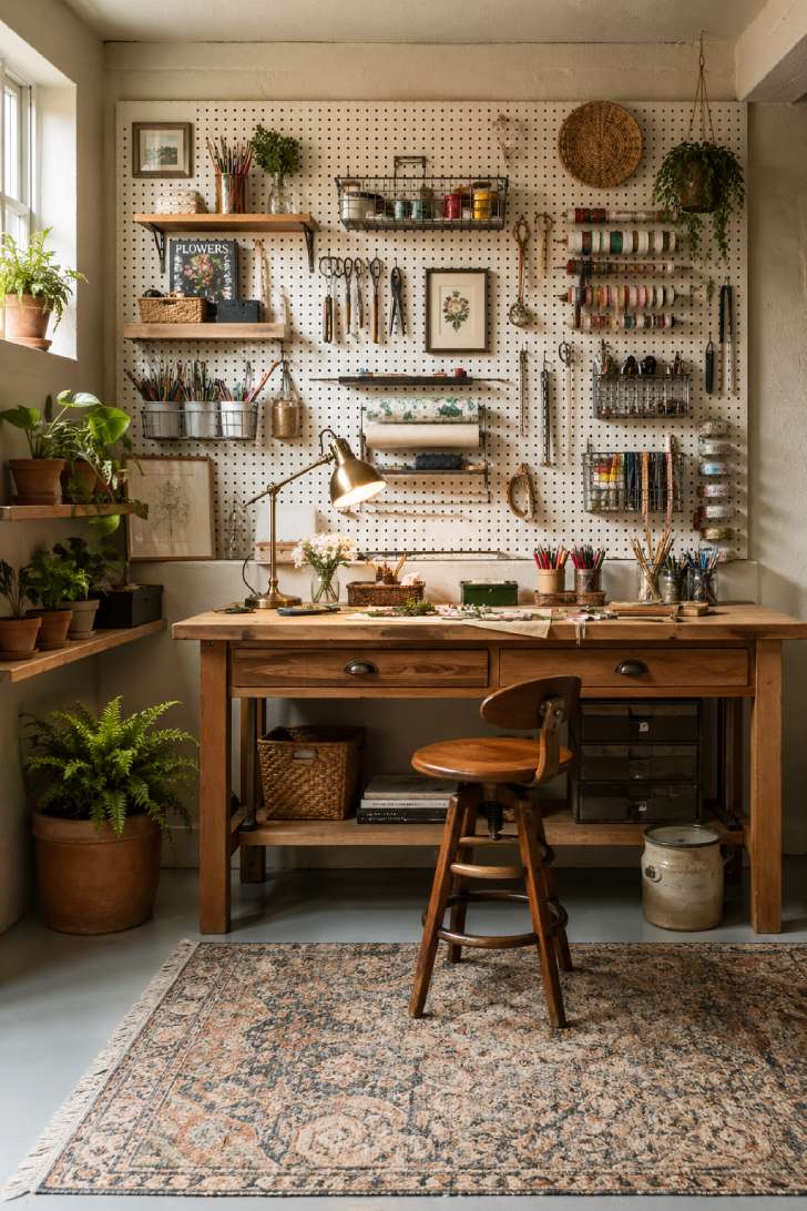A beautifully organized pegboard feature wall with painted white board, styled storage solutions, and coordinating workspace.