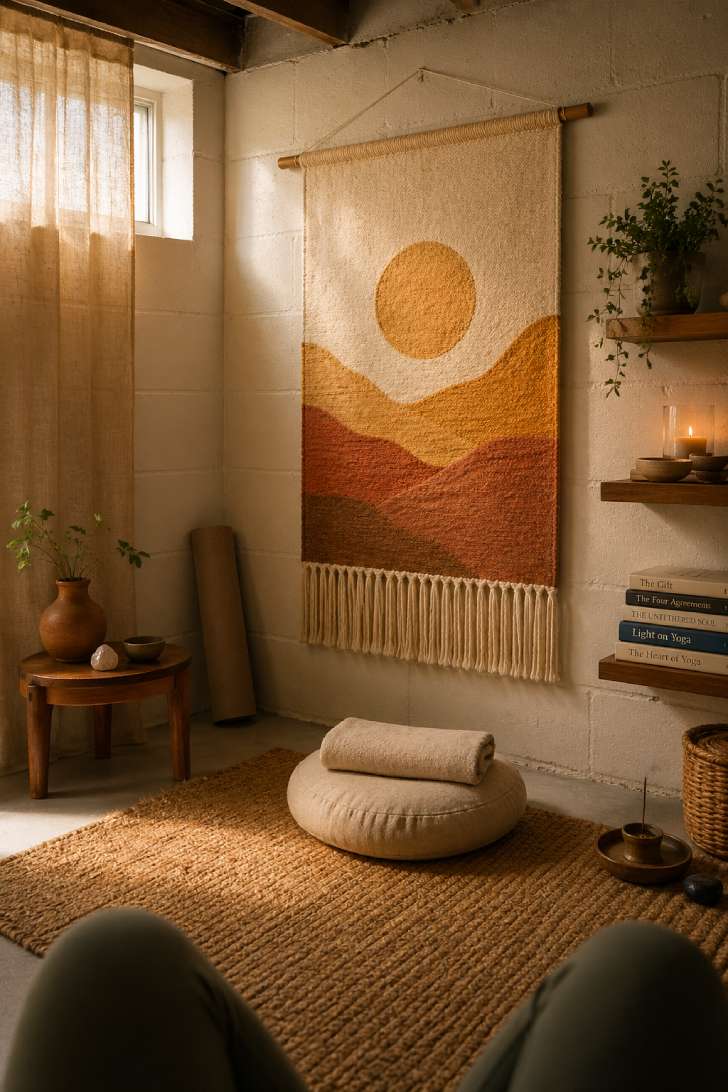 A tranquil basement wellness space with large earth-toned tapestry, meditation cushion, and soft filtered light.