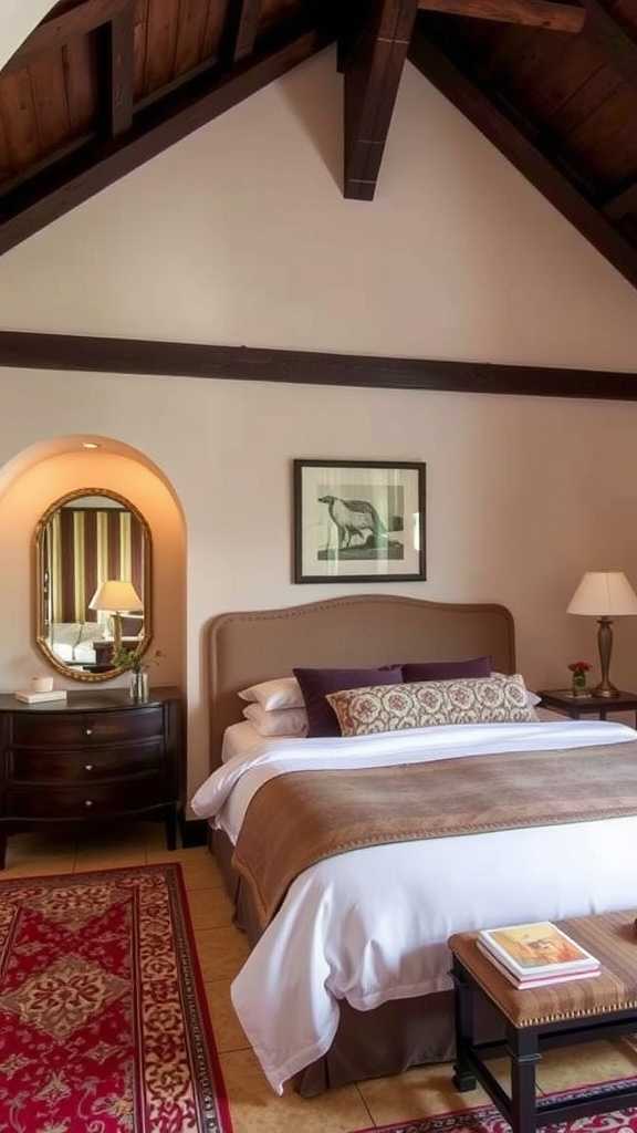 An elegant bedroom featuring arched architecture and cozy decor.