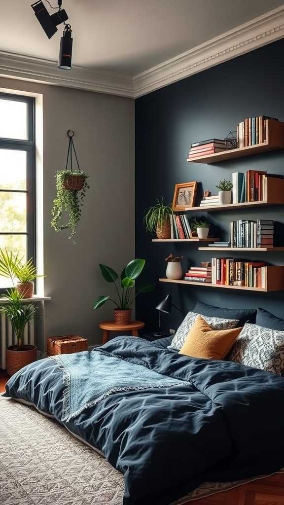 A stylish dark boho bedroom featuring unique shelving with plants and books.