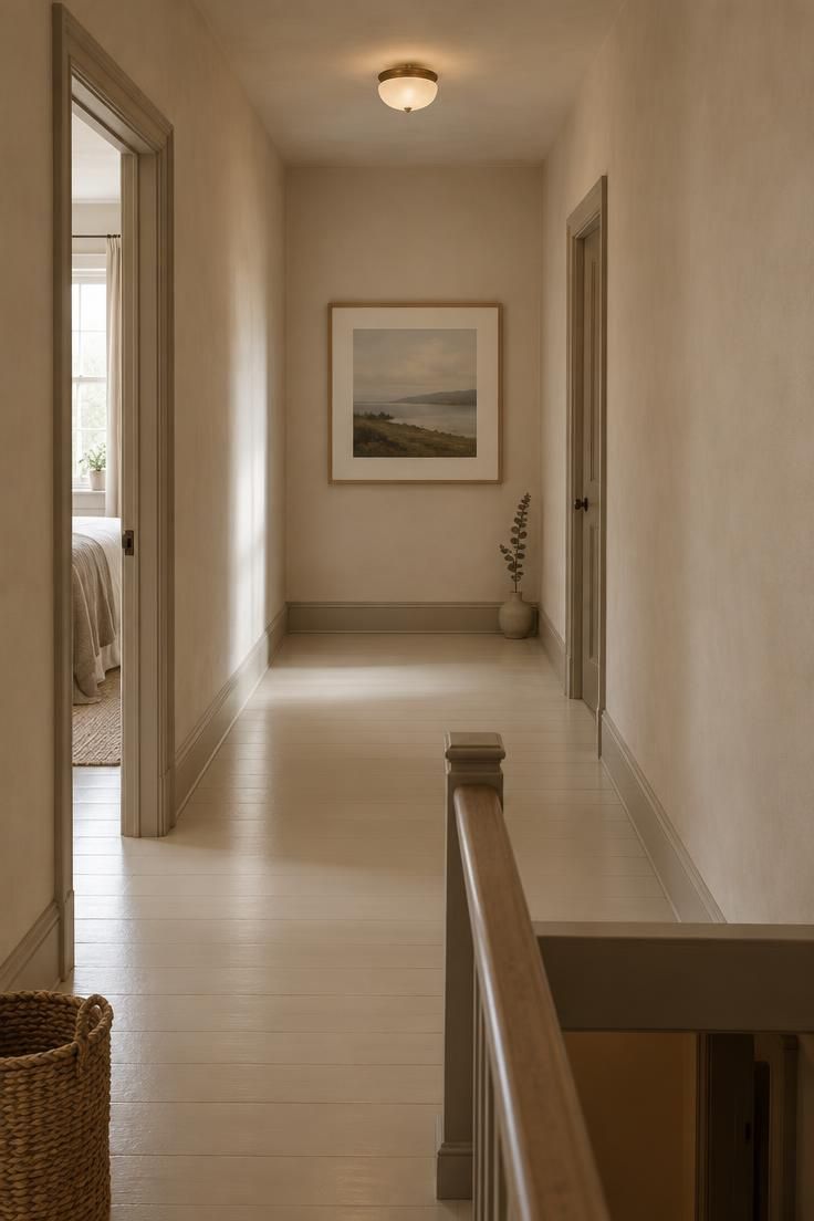 10 Cozy Upstairs Hallway Ideas for a Dark, Narrow Corridor 1 A narrow upstairs corridor with a single large pale-oak framed artwork centered on the far end wall, matte warm-neutral plaster walls, a bare painted wood floor, and a small vase with a dried stem beside the last door casing.