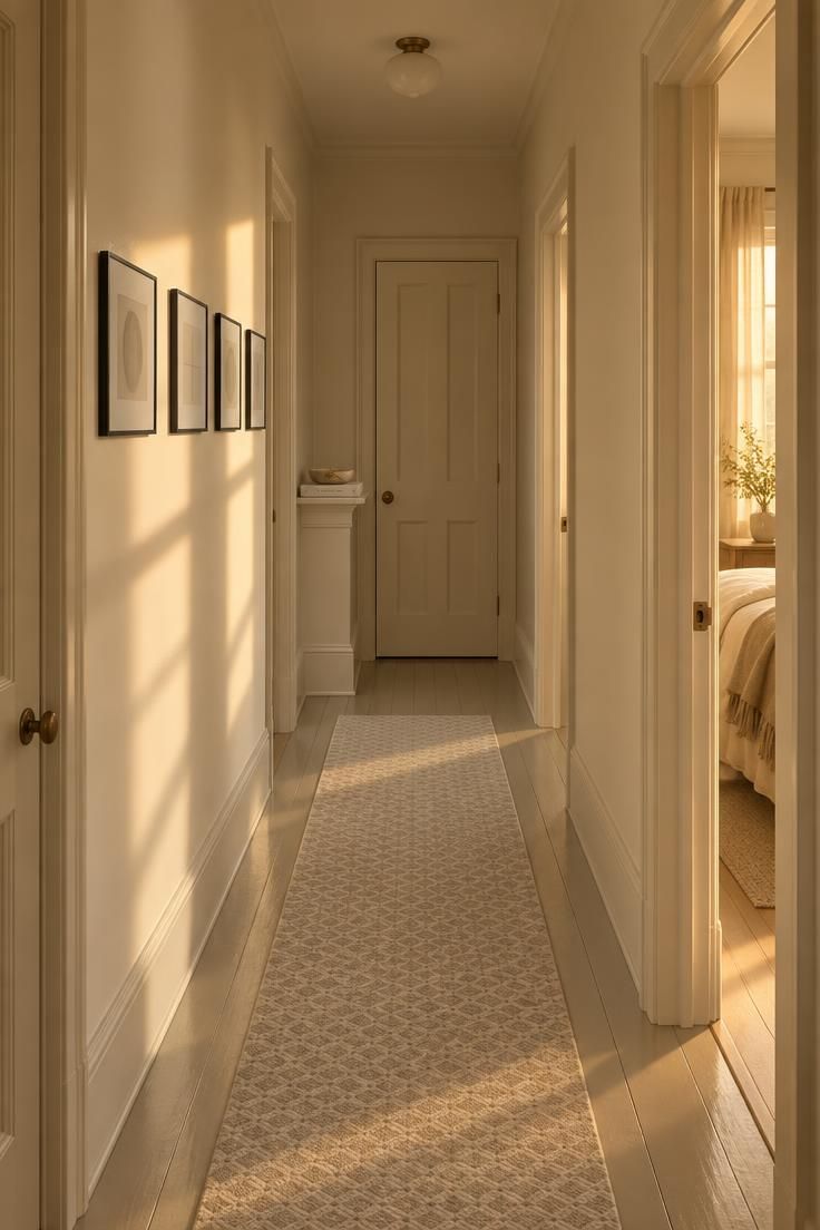 10 Cozy Upstairs Hallway Ideas for a Dark, Narrow Corridor 2 A narrow upstairs hallway with four identical small black-framed prints centered between aligned door casings, warm golden light raking across the wall, and a pale flatweave runner stopping short of the last door.