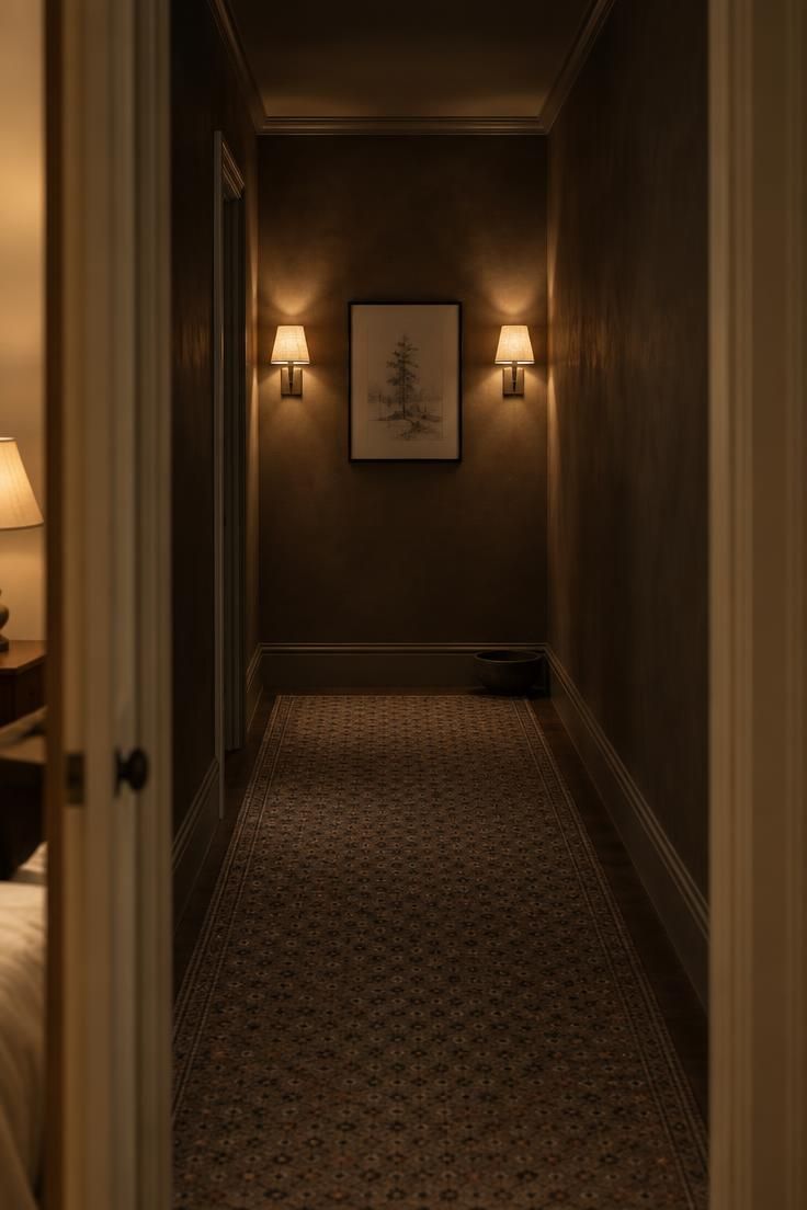 10 Cozy Upstairs Hallway Ideas for a Dark, Narrow Corridor 3 Two matching linen-shade sconces flanking a framed artwork on the end wall of a dark narrow hallway, with soft washes of light on deep plaster walls and a mid-tone runner underfoot.