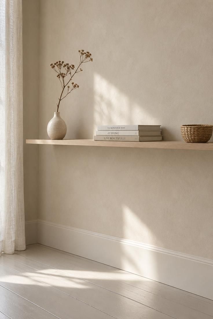 10 Cozy Upstairs Hallway Ideas for a Dark, Narrow Corridor 4 A narrow pale-oak floating shelf on an end wall holding a dried branch in a ceramic vase, a low stack of three books, and a small woven basket, lit by bright bounced daylight.