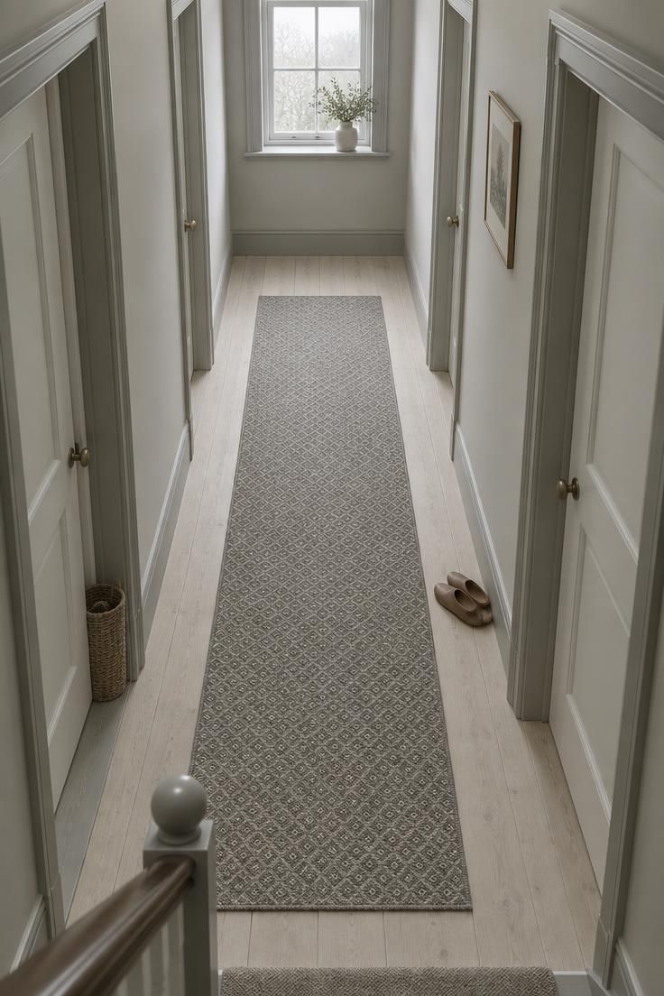 10 Cozy Upstairs Hallway Ideas for a Dark, Narrow Corridor 5 An overhead view down a narrow hallway with a small-pattern low-pile wool runner ending before the far wall, generous painted floor visible on both sides, and cool overcast light filling the corridor.
