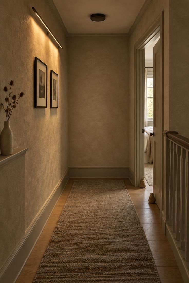 10 Cozy Upstairs Hallway Ideas for a Dark, Narrow Corridor 6 A slim linear wall-mounted fixture high on the wall of a narrow hallway, grazing a matte limewash wall and revealing two small framed prints lit from above.