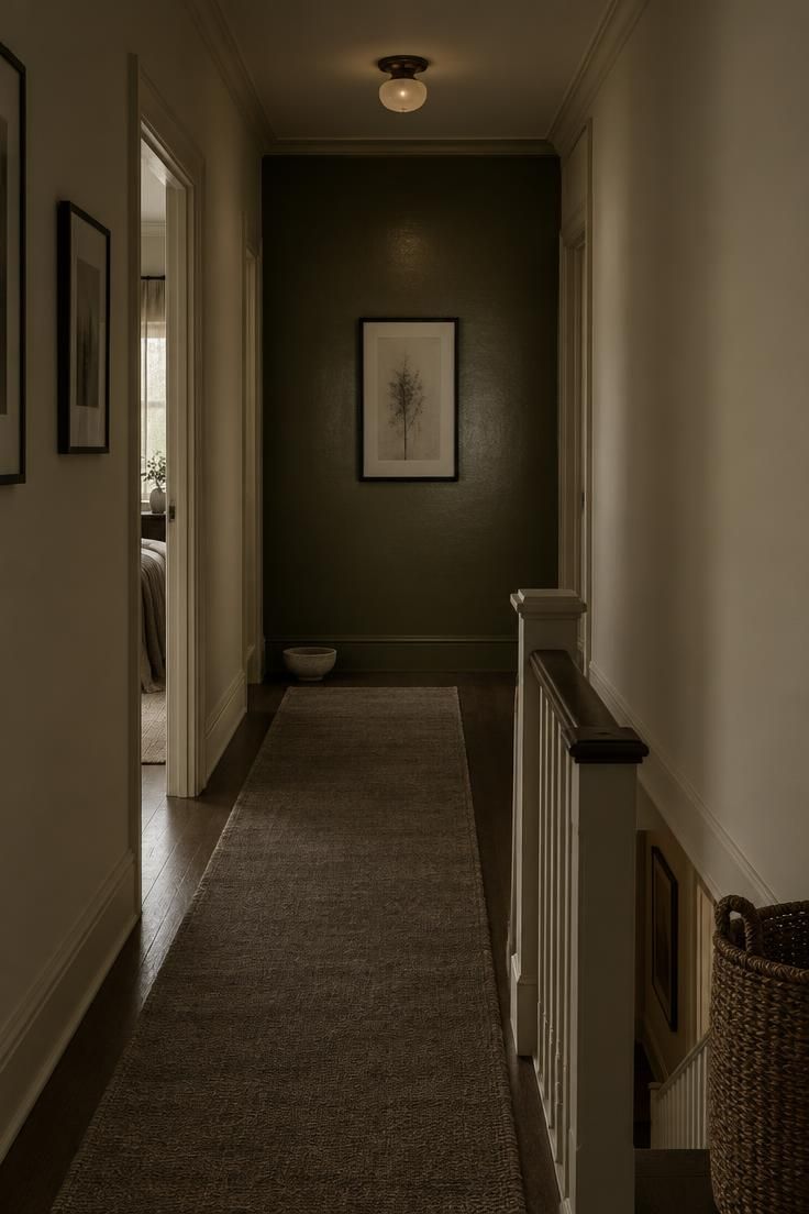 10 Cozy Upstairs Hallway Ideas for a Dark, Narrow Corridor 7 A narrow upstairs hallway with pale walls and trim leading to a deep olive end wall holding one thin black-framed artwork with a pale ground, lit by dim borrowed light.