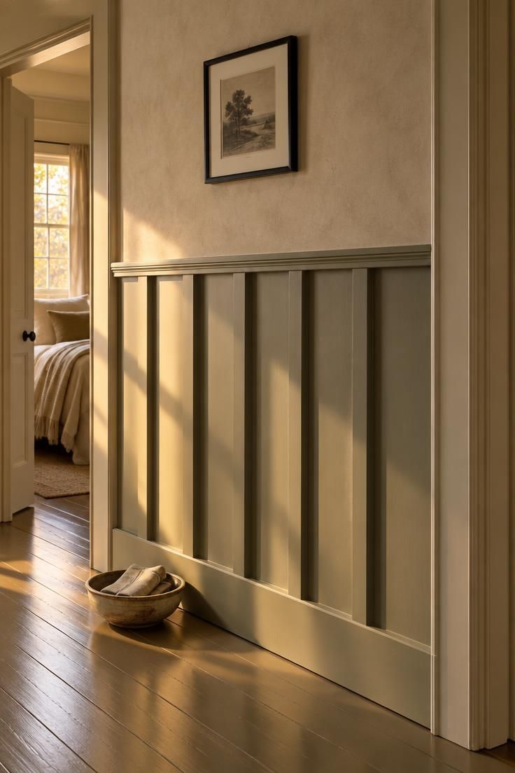 10 Cozy Upstairs Hallway Ideas for a Dark, Narrow Corridor 8 Board-and-batten wainscoting in satin enamel with a slim chair rail, matte plaster above, and a single small framed print between two door casings in warm light.