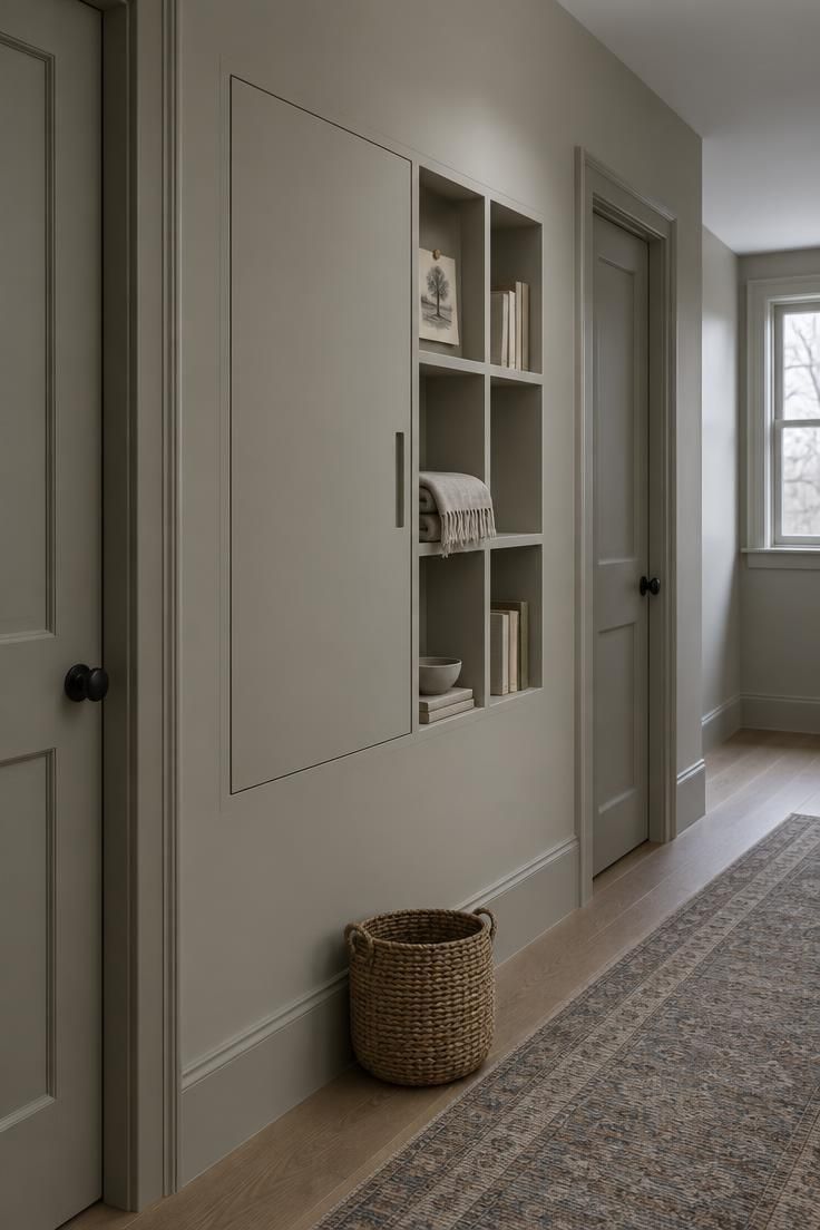 10 Cozy Upstairs Hallway Ideas for a Dark, Narrow Corridor 9 A shallow wall-hung cabinet and small cubbies finished in the same matte tone as the wall, set between two door casings in a narrow hallway under cool overcast light.