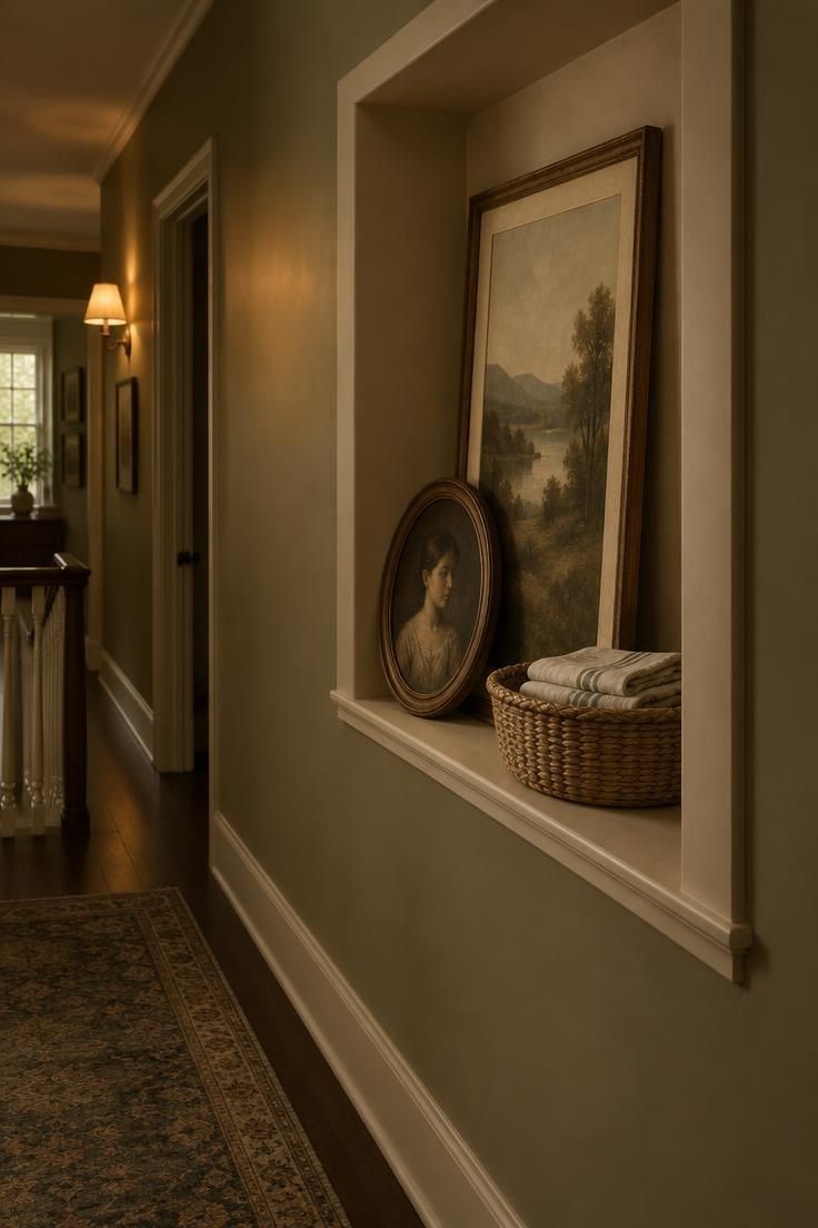 10 Cozy Upstairs Hallway Ideas for a Dark, Narrow Corridor 10 A shallow hallway niche with layered framed prints, a woven basket, and warm side lighting.