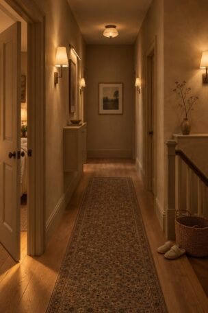 A cozy narrow upstairs hallway at dusk with soft sconce light on plaster walls, a patterned wool runner ending before the far wall, a pale-oak framed artwork at the end, and warm light spilling from an open bedroom door.