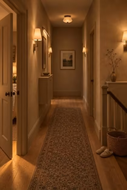 10 Cozy Upstairs Hallway Ideas for a Dark, Narrow Corridor A cozy narrow upstairs hallway at dusk with soft sconce light on plaster walls, a patterned wool runner ending before the far wall, a pale-oak framed artwork at the end, and warm light spilling from an open bedroom door.