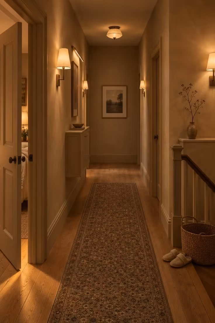 Simple Spaces 14 A cozy narrow upstairs hallway at dusk with soft sconce light on plaster walls, a patterned wool runner ending before the far wall, a pale-oak framed artwork at the end, and warm light spilling from an open bedroom door.