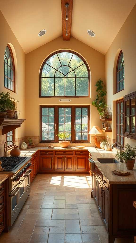 A bright Spanish Mediterranean kitchen featuring large windows and natural light.